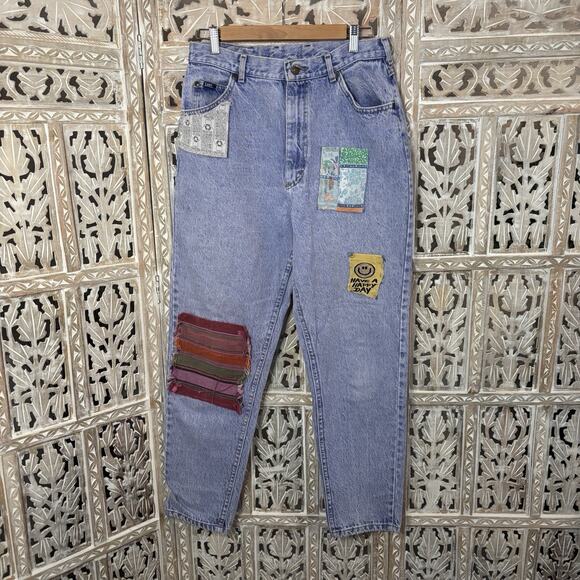 Vintage Denim LEE Jeans 29 Waist w/ Upcycled Retro Hand Sewn Festival Patches - Picture 1 of 13